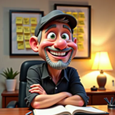 A 3D caricature, disney style/Pixar,  of a thin and friendly man , middle-aged,  whole body.  He is sitting in front of a notebook ,  with his arms crossed he worked in a home office . His face is expressive and friendly, with a wide and contagious smile. ...