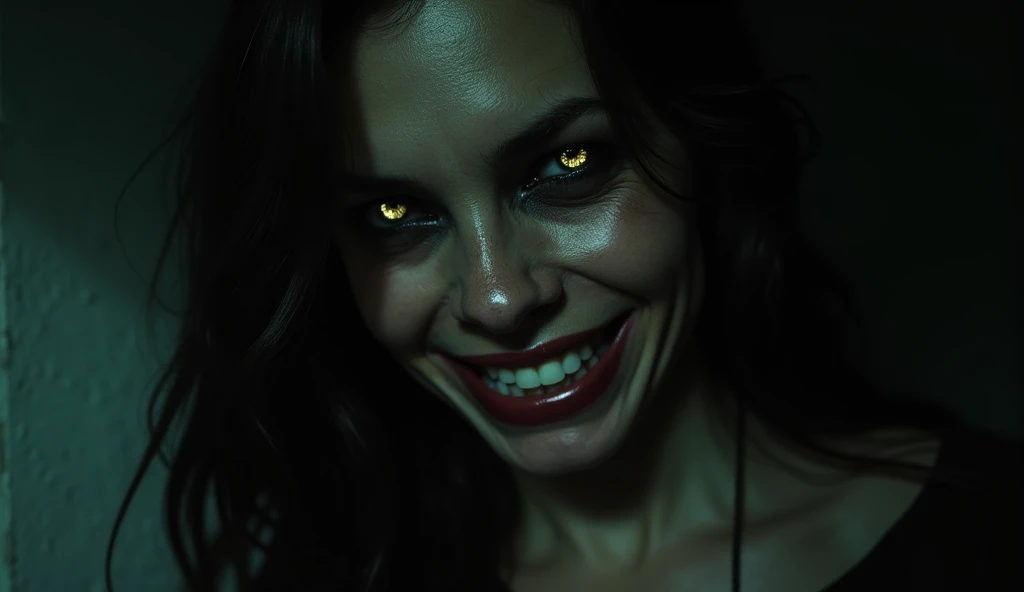 A close-up of the woman’s face, her features distorted in a haunting way. Her eyes glow with an unnatural light, and her mouth curls into a sinister smile. The surrounding shadows seem to close in around her, adding to the sense of mystery and terror. The ...