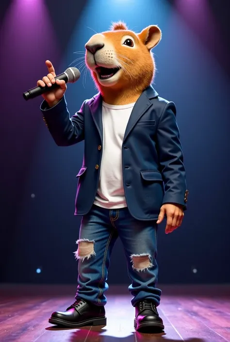 Make an image of a capybara, with human body, dressed in a navy blue blazer and plain white t-shirt, ripped jeans and a black short boot, Singing with a microphone in hand and with the other hand pointed up, On a stage with lights