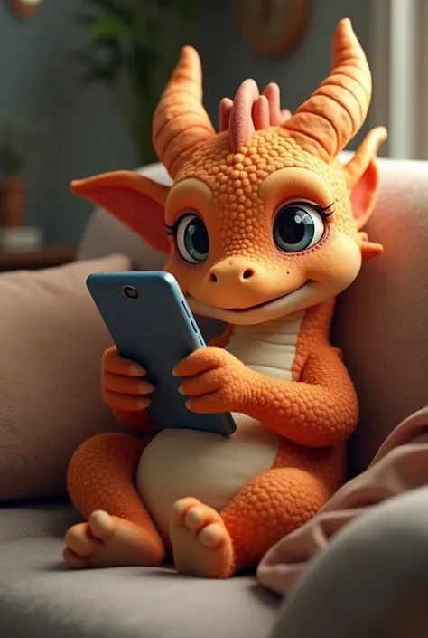 Make an image of a cuddly dragon holding a cell phone sitting on the couch