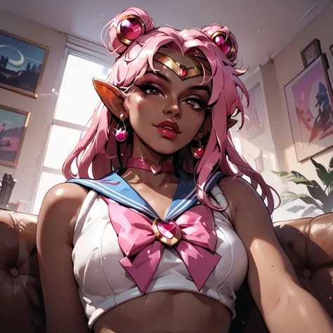 1boy\(deep brown skin femboy, male chest, slim curvy body, pink hair, dreadlocks, pink dreadlocks, pointy elf ears, short black horns, glowing dark brown eyes, brown nails, lipgloss, wearing sailor scout outfit, sailor moon outfit, flirty, seductive), back...