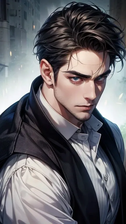 (  best quality,4K,8k,  highres,  masterpiece:1.2),  ultra-detailed  ,(realistic,photorealistic,photo-realistic:1.37),36-year-old man,3 day beard,cute anime ,Portraits,strong,Masculine,  dark hair,sharp jaw,    mesmerizing eyes    ,  perfectly combed hair,...