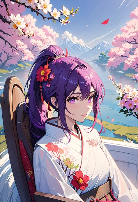 (( Masterpiece,  top quality)), (Negative Space : 1.2), ( in the seat, Alone: 1.4), flowerびら,  pink eye,  Dragon Girl , length,  purple hair,  high ponytail from head,  Liquid Hair , flower, Dragon Background