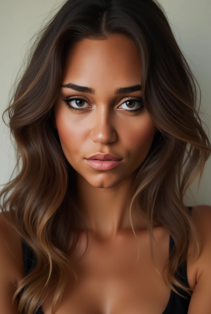  Create a hyper-realistic female avatar with authentic human features. She must have tanned brown skin and long hair,  slightly wavy,  with dark roots and blonde tips . Her eyes are slightly almond brown with long and expressive lashes.,  transmitting inte...