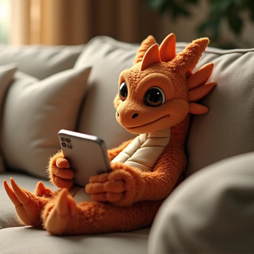 Make an image of a cuddly dragon holding a cell phone sitting on the couch 