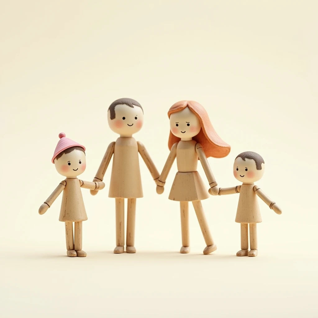 Create an image with a family of toothpick dolls the mother and father in the middle a little bigger and two boys in caps on the tips all holding hands and happy 