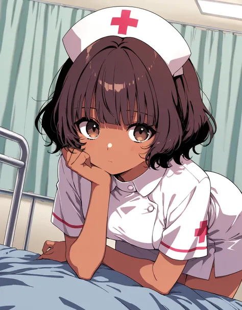 masterpiece, best quality, score_9, score_8_up, score_7_up, score_6_up, score_5_up, score_4_up, source_anime, 1girl, wavy hair, short hair, dark brown hair, brown eyes, straight bangs, brown skin, wearing nurse dress, nursery scenario