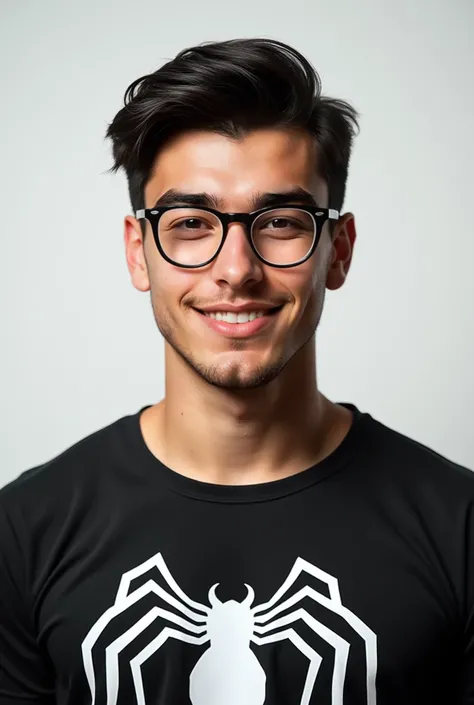 A young American man (no Asian features) in his 20s. Short dark hair (perfectly combed). Perfect athletic body (muscular). White skin. Wears glasses. Front view with a small smile on his face. Wears a black Spiderman t-shirt with white decoration. His face...