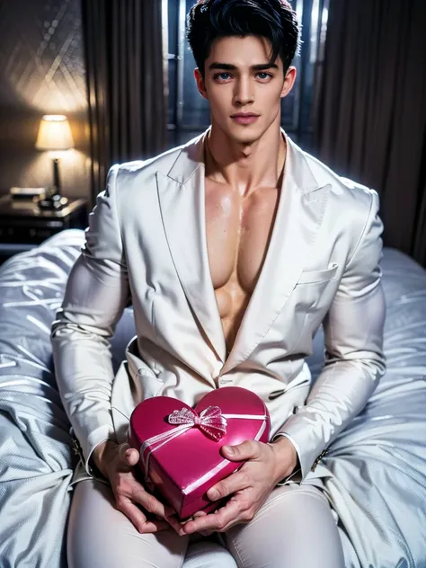 ((Perfect Photo of the Man's VOGUE)), ((valentine day)), ((ベッドに寝転がっているofを上から映す構図))、((lay down on the Bed)) , (( Intelligent -Alpha-Male)), Smile ((full body, on the Bed)) , ((((Many Many Numbers of Heart-Shaped Gift Boxes and Pink and Blue flower Petals on...