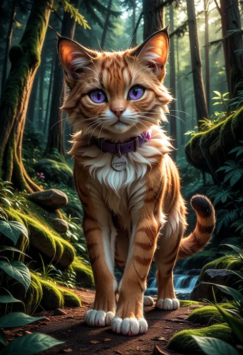 score_8_up, score_7_up, score_6_up, concept art, digital art, hyperrealistic, 8k, best quality, high quality, forest, outside, posing, 1catMarmalade, standing on four paws, fluffy fur:1.5, white and orange Fur, thick purple collar with tag, very cute cat, ...