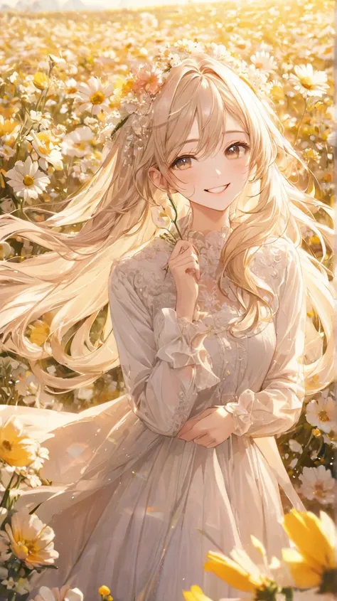  Masterpiece, Super Detail, beautiful woman, Long light hair, long wave hair, Flower field background，sunny， elegant smile,   Sweet Smile ,  relaxed expressions ,  white skin、