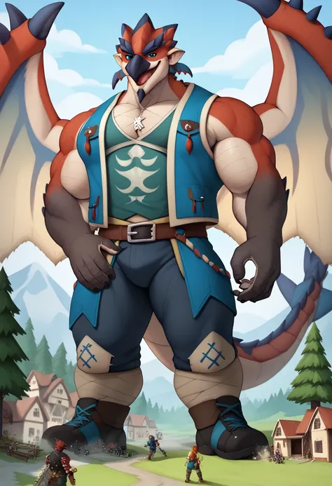 Scribble Azure Rathalos face,furry(Azure Rathalos),pummelig, big muscular, big huge strong large giant muscle, big thick muscular arms,( black eyebrows :1.1),(perfect eyes), azure scale, Azure Rathalos Wings, alone, Wears Monster Hunter clothes, friendly a...