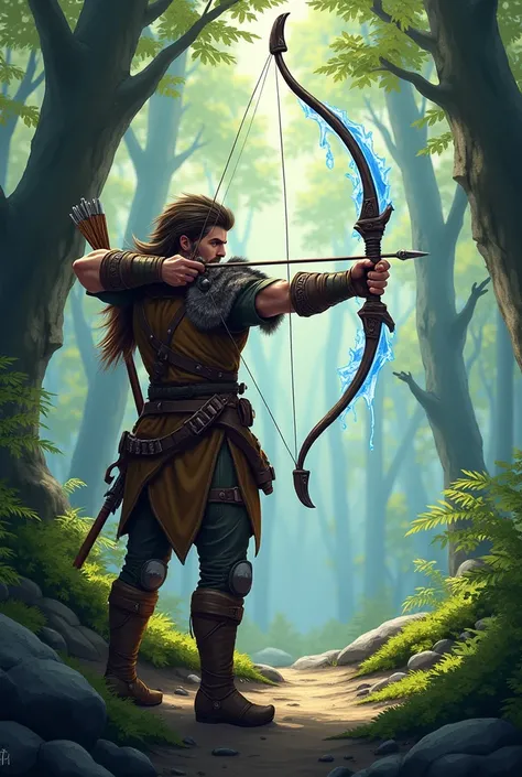 illustrate a ranger from the game "Fly for Fun", in the woods, bow in hand, ready to shoot an ice arrow