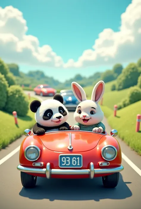 Panda and rabbit sitting in car and then another car  coming from a distance 