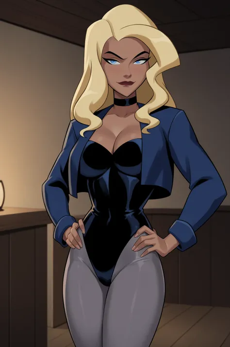 PonyXLV6_Scores BREAK ((parody), perfect anatomy, perfect eyes, cowboy shot) BREAK dinah lance, long hair, blond hair, blue eyes, dark-skinned female, flirting, raised eyebrow, ((looking at viewer)), cropped jacket, blue jacket, choker, cleavage, leotard, ...