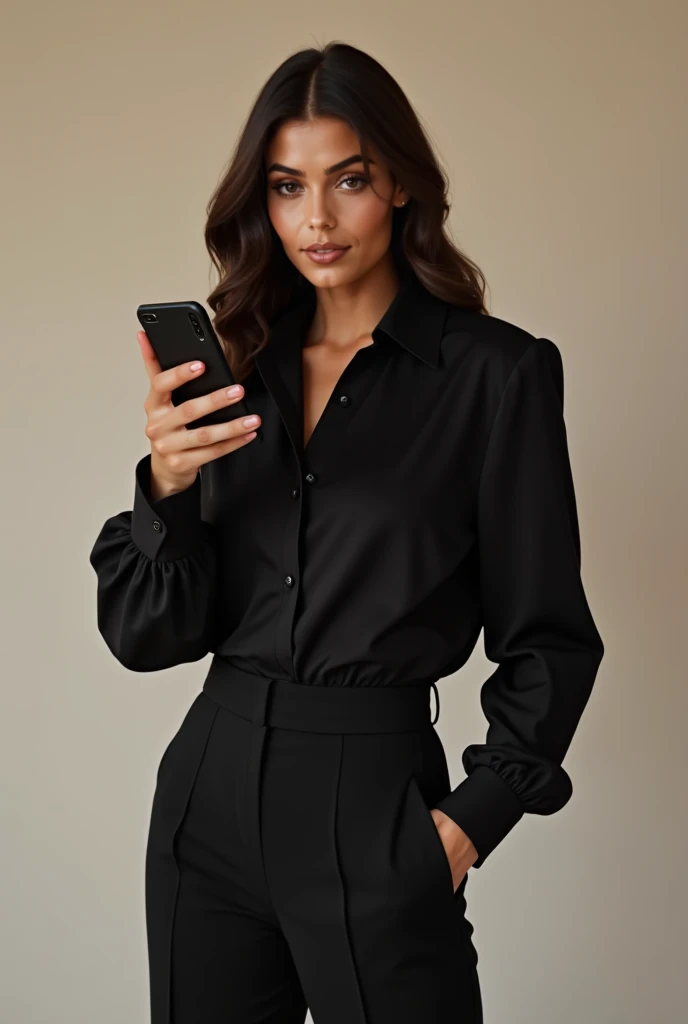  Create a Brazilian model with a sophisticated and elegant appearance ,  wearing well-behaved black clothing ,  like a black long sleeve blouse ,  with a simple and straight cut ,  and black tailoring pants ,  creating a clean and modern look .  She is hol...