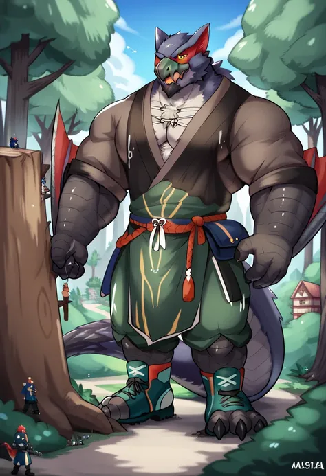 Scribble Nargacuga face,furry(Nargacuga),pummelig, big muscular, big strong large thick giant muscle,( black eyebrows :1.1),(perfect eyes), fur, arms, alone, Wears Monster Hunter clothes, friendly and Helpful,（artist:takemoto arashi),（jock:1.3）， standing, ...