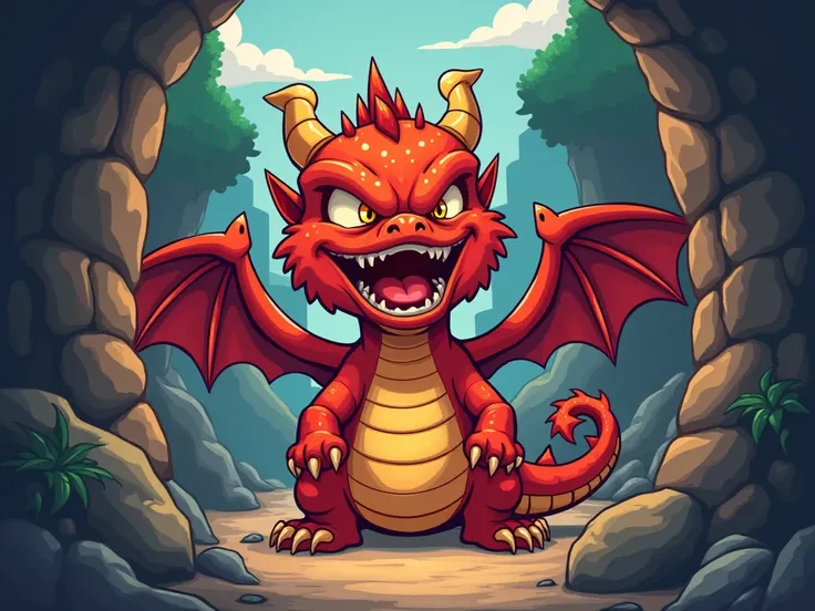 A Chibi-Cartoon style illustration of a cave.  first-person view ,  at the city centre, An angry dragon head-on,  with its mouth open ready to spit fire.  He is looking forward to . threatening position  