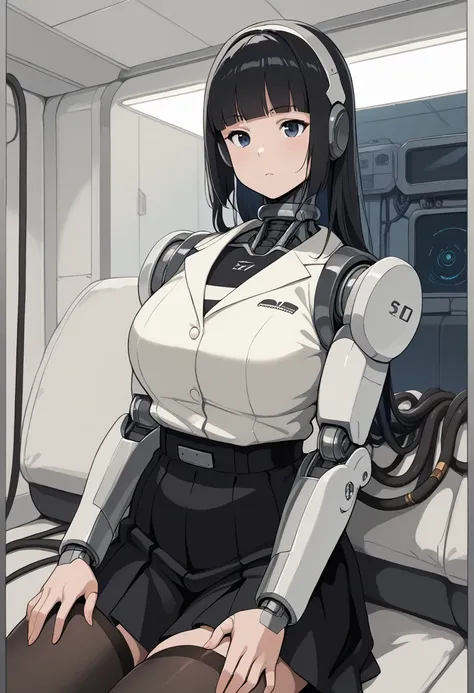 masterpiece, best quality, extremely detailed, Japaese android girl,Plump , control panels,android,Droid,Mechanical Hand, Robot arms and legs, Black hair,Blunt bangs,perfect robot girl,long tube,thick cable connected her neck,android,robot,humanoid,cyborg,...