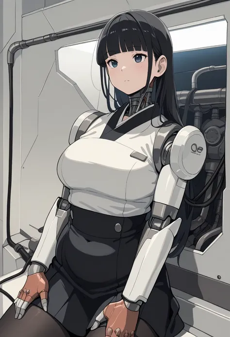 masterpiece, best quality, extremely detailed, Japaese android girl,Plump , control panels,android,Droid,Mechanical Hand, Robot arms and legs, Black hair,Blunt bangs,perfect robot girl,long tube,thick cable connected her neck,android,robot,humanoid,cyborg,...