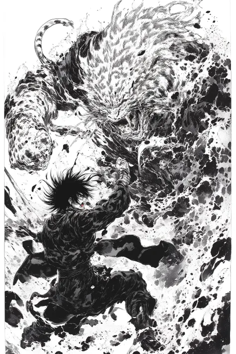 Masterpiece, top quality, retina, black and white art, Shu Arakawa style, (2 man, fighting, punching, roaring), (1 man in all black leather jacket, hair standing on end, bangs, cloud style), (huge white tiger beastman, ragged robe, martial artist, very thi...