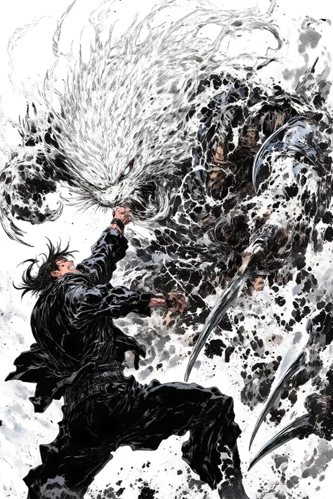 Masterpiece, top quality, retina, black and white art, Kazuhiro Fujita style, (2 man, fighting, punching, roaring), (1 man in all black leather jacket, hair standing on end, bangs, cloud style), (huge white tiger beastman, ragged robe, martial artist, very...