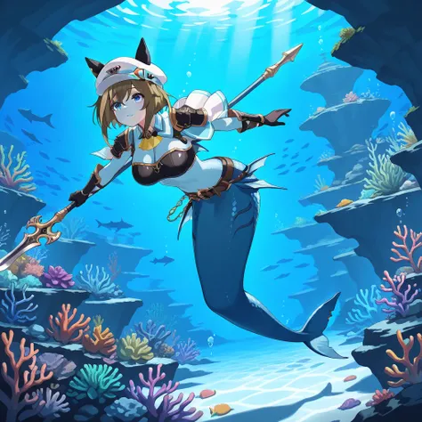 masterpiece , 1girl , super fine comcept art , Cheval Grand (Umamusume) , Fantasy , mermaid , short capelet , chest Armor , Shoulder Armor , garter armor , holdind a spear , head fins , waist fins , Rib Gills , shark leg ,  blue skin , blue skin face , dec...