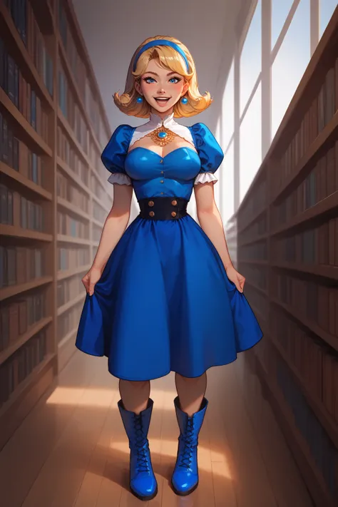 (best quality, highres), 1girl, solo, long_hair, hairband, blue_hairband, maria_robotnik, skirt, short_sleeves, blue_eyes, smile, blue_footwear, open_mouth, full_body, boots, looking_at_viewer, puffy_sleeves, blue_skirt, blonde_hair, puffy_short_sleeves, s...