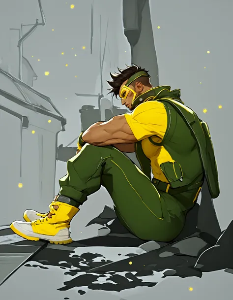 Full body image, make a survival game mature african male character and make it 4k UHD anime character, dark shadows, 1boy, rolled up sleeve zipped down dark green trackssuit top with big raised collar with yellow domino mask, yellow headtie, yellow t shir...