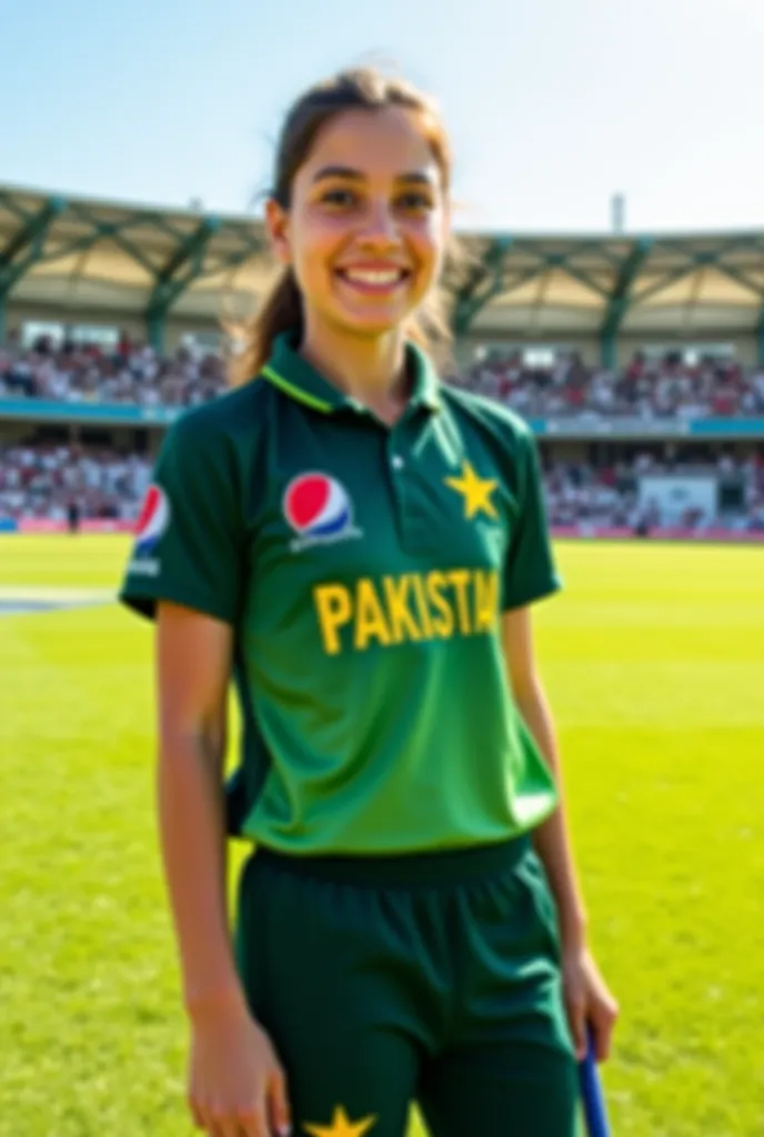 Image description:
 - ** venue **: a beautiful cricket ground, where there is green grass and fresh air.
 - ** character **: a Pakistani cricketer girl, who looks confident and happy.
 - ** dress **: she is wearing a Pakistani cricket team jersey, on which...