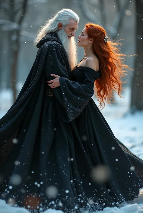 wizard men in his 30s, white hair,white long beard,  ,  winter, flames in brown eyes,  black cloak, happy face, delicate detail. ultra details. highly detailed characters, dark atmospere ,with his young seductive redblond female apprentice, dancing togethe...