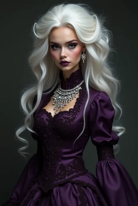 Make an old woman, Very charming,  with huge white hair, slightly curved, with dark purple Victorian dress with crystal necklace,  black eyes, black skin color, slightly thin, Charming woman with waist-length hair