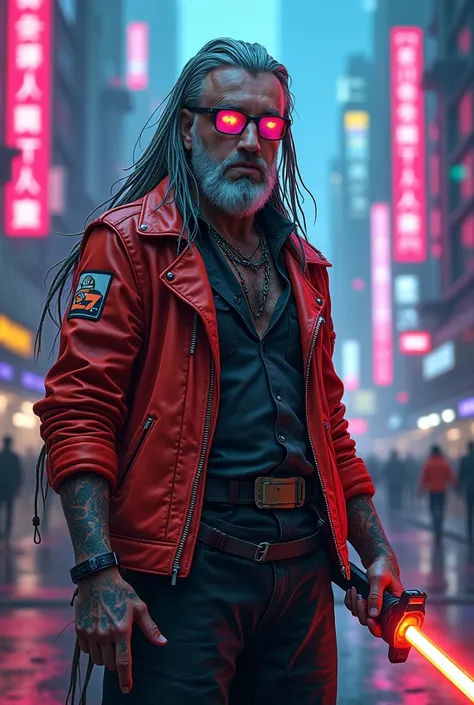 ((40 years old)), Meditech cyberpunk old man with long hairs, metallic braids in hair, bright colored eyes, neon leather jacket, rugged, scifi futuristic city, high quality image, cinematic lights, anime style, high contrast. Armed with dark blue laser kat...