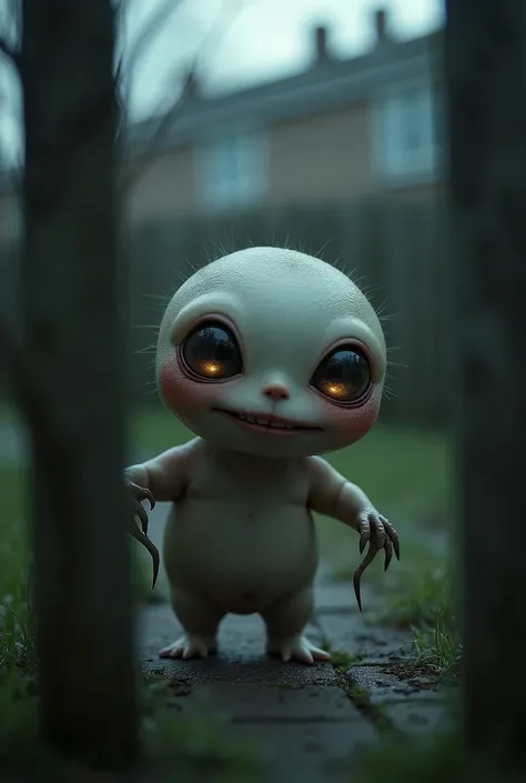 "A small, unnervingly cute creature hiding in the shadows of a suburban backyard. Its large, shiny eyes glow in the dark, giving it an almost innocent, like appearance, but there's something off about the way it watches. Its soft, round face is smooth and ...