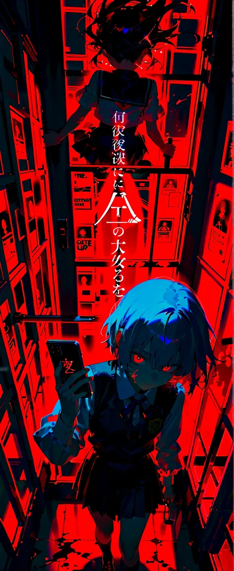 Image portrayed a storytelling narrative style, little red riding elements, double exposure, (((The title “Outciass “i” appears in large, dramatic letters)))., with a Gothic or supernatural style, female student holding cell phones in red hallway, standing...