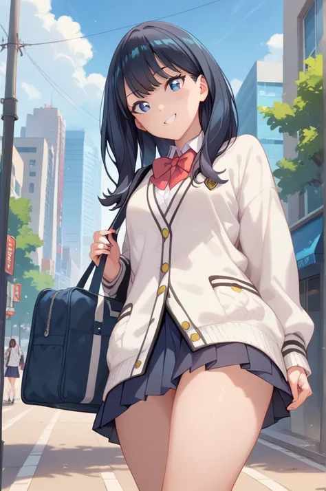  screen capture ,Alone, 1 girl, watches viewers,smile, Takarada Rikka, blue eyes,  black hair,  long hair, bangs, school uniform,  white cardigan,  black miniskirt,  red ribbon,  Super Detail, Masterpiece, top quality、 standing、Outdoors,  daytime, street t...