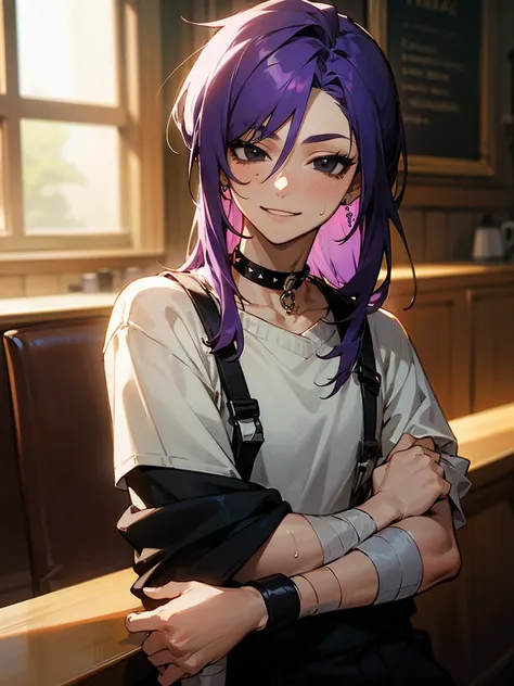 1male, shoulder length hair, layered hair, purple hair, spiky hair, hair pins, black eyes, black eye shadow, black bandages around arm, choker, nose piercing, blue sweater, black overalls, white shirt, black sweatpants, bracelets, earrings, smile, coffee s...