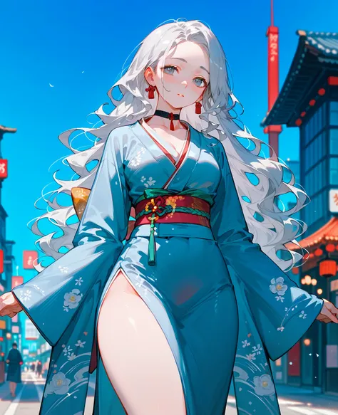 (masterpiece, very:1.1), (((Kimono))),  big boobs,  silver hair, Rich hair ,  Japanese maiden hairstyle , Forehead exposure ,   thick thighs, Blusher,  wavy hair , city, Choker