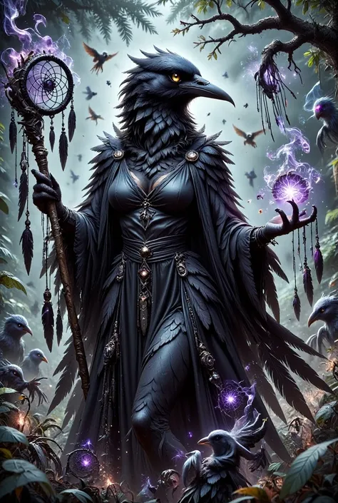 A female anthropomorphic raven with glossy black feathers is surrounded by a dense swarm of tiny ethereal spirits. The translucent bodies of the spirits are made of mist. A black feathered cloak billows around the woman like dark smoke. Beneath, her stout ...