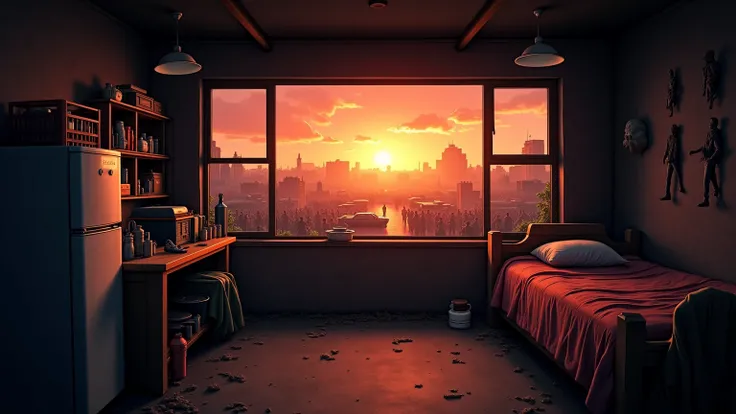  Anime style . footage from inside the shelter during the zombie apocalypse. The room is equipped with food supplies, Weapons, food and water. The room is well lit by lamps from the ceiling. There is a bed,  fridge, generator. The room has a large window, ...