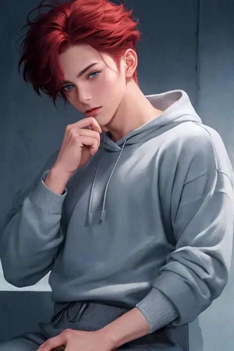 Adult man. Semi realistic. Red hair. Short messy hair. Bang. Fluffy. Light blue eyes. 8K. High detailed. High quality. Japanese. Bandages on his face. Grey hoodsweater. Chain on pant. Happy. Smooth. Black pants. Bandages