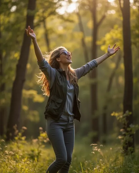 A photorealistic scene showing a woman in a pose of complete freedom and joy. A smile on her face, flowing long blonde hair, sunglasses. She is wearing a gray blouse with rolled-up sleeves, a hiking vest, gray sports jeans, and sports shoes. The background...