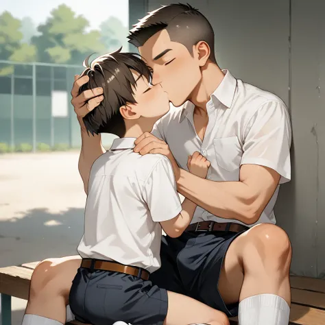 NSFW, Gay, (homosexual:1.25), (Male focus), 2 boys, 1 boy, aged 14, Thais student, (white business shirt:1.1), not t-shirt, short sleeves, black shorts extra long over the knee, brown belt, student hairstyle {crew cut | skinhead}, (shota:1.2), 1 boy, aged ...