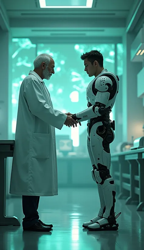 A state-of-the-art laboratory with green light and holographic displays. An old scientist in a white robe handed over a pair of mechanical legs to Bruno, who was now a ager.(3d animation)