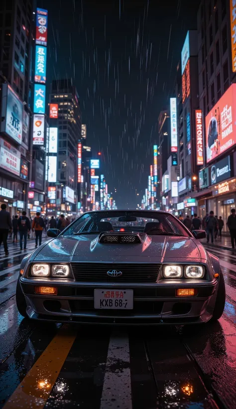 a Classic Toyota Supra but with the style of the DMC Delorean of the movie Back To The Future, pimped, the scenario is the world famous Shibuya Crossing in Tokyo, the set time is midnight, heavy rain