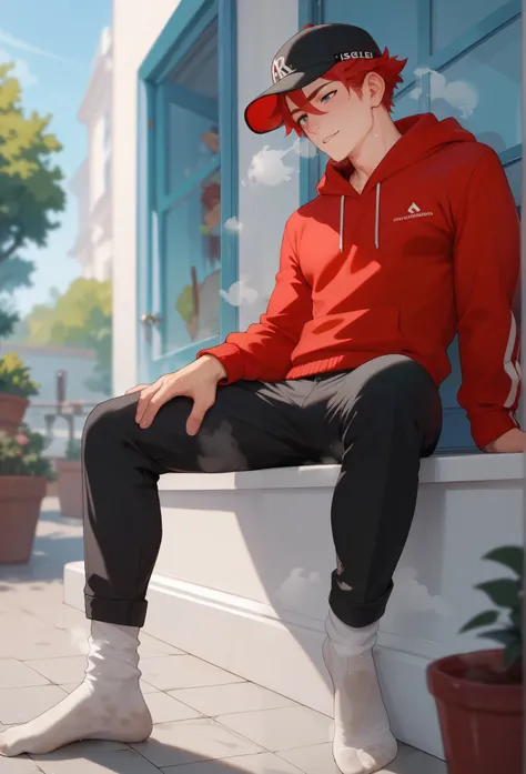 LiaqN,Red haired man,Handsome,Wearing a red hoodie  cap black skinny pants Smelly and Sweaty Socks,He's trying to make me sniff his stinky socks.Steam coming out of my feet.Leaking pee.Large pee stain in crotch