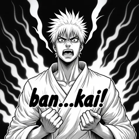 Create a manga style black and white art written BANKAI like BAN- and KAI! below it. Remember it should be only text