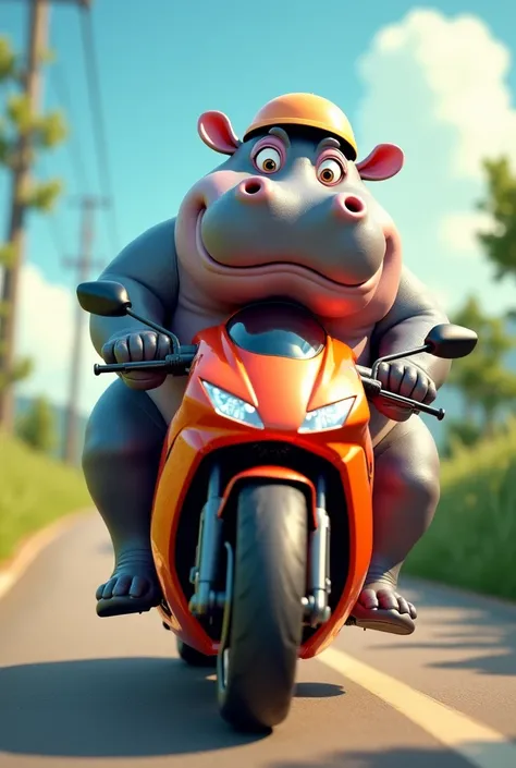 Gloria the Hippo riding a motorcycle 
