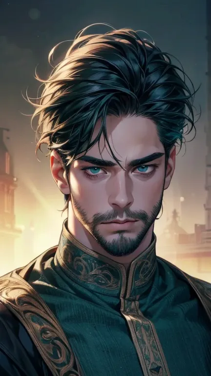 (  best quality,4K,8k,  highres,  masterpiece:1.2),  ultra-detailed  ,(realistic,photorealistic,photo-realistic:1.37),36-year-old man,3 day beard,cute anime ,Portraits,strong,Masculine,  dark hair,sharp jaw,   mesmerizing blue-green eyes   ,  perfectly com...