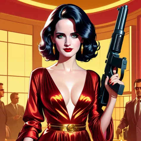 GTA millionaire thug (Eva Green), holding UZI on a (gold, warm, red and vermillon light filter) digital cybernetic hotel lobby (luxurious, sexy dress) ((gta style)) (illustration, vector). dim lighting, glimmer light, dark. dynamic action pose, view from b...